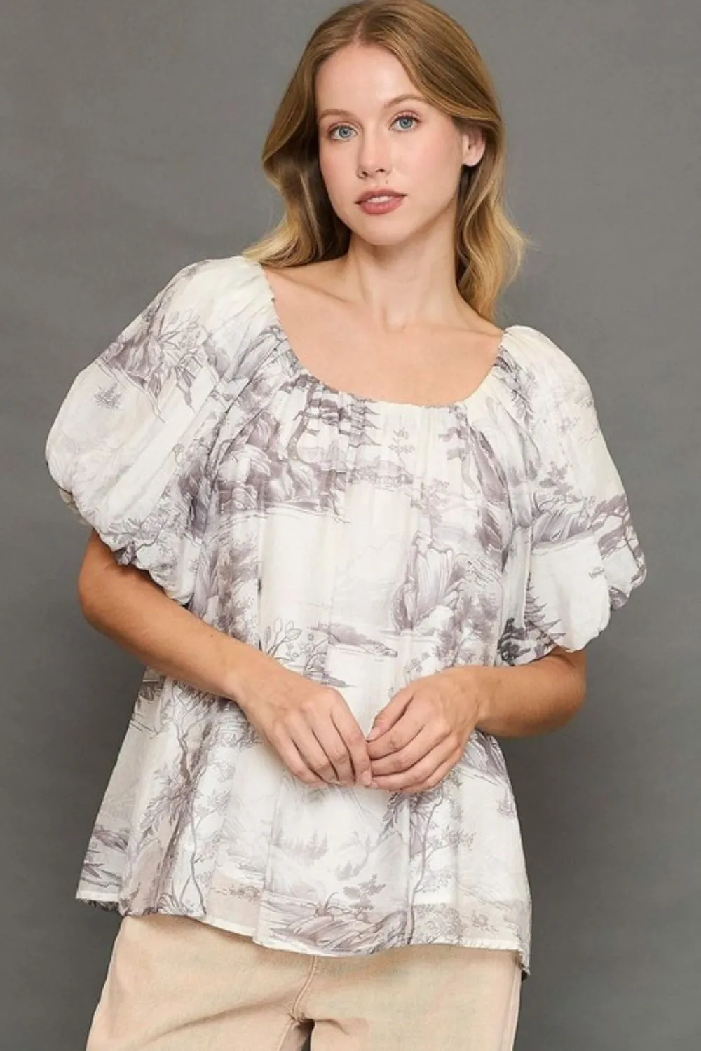 Umgee Full Size Two Tone Toile Print Top Plus Size sold by Charming Charlie