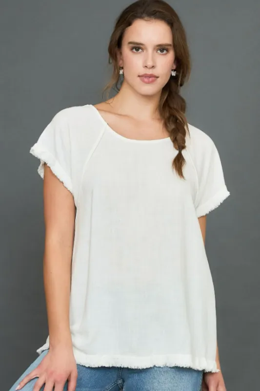 Umgee Full Size Seam Detail Linen Ruffle Fringe Edge Top Plus Size sold by Charming Charlie