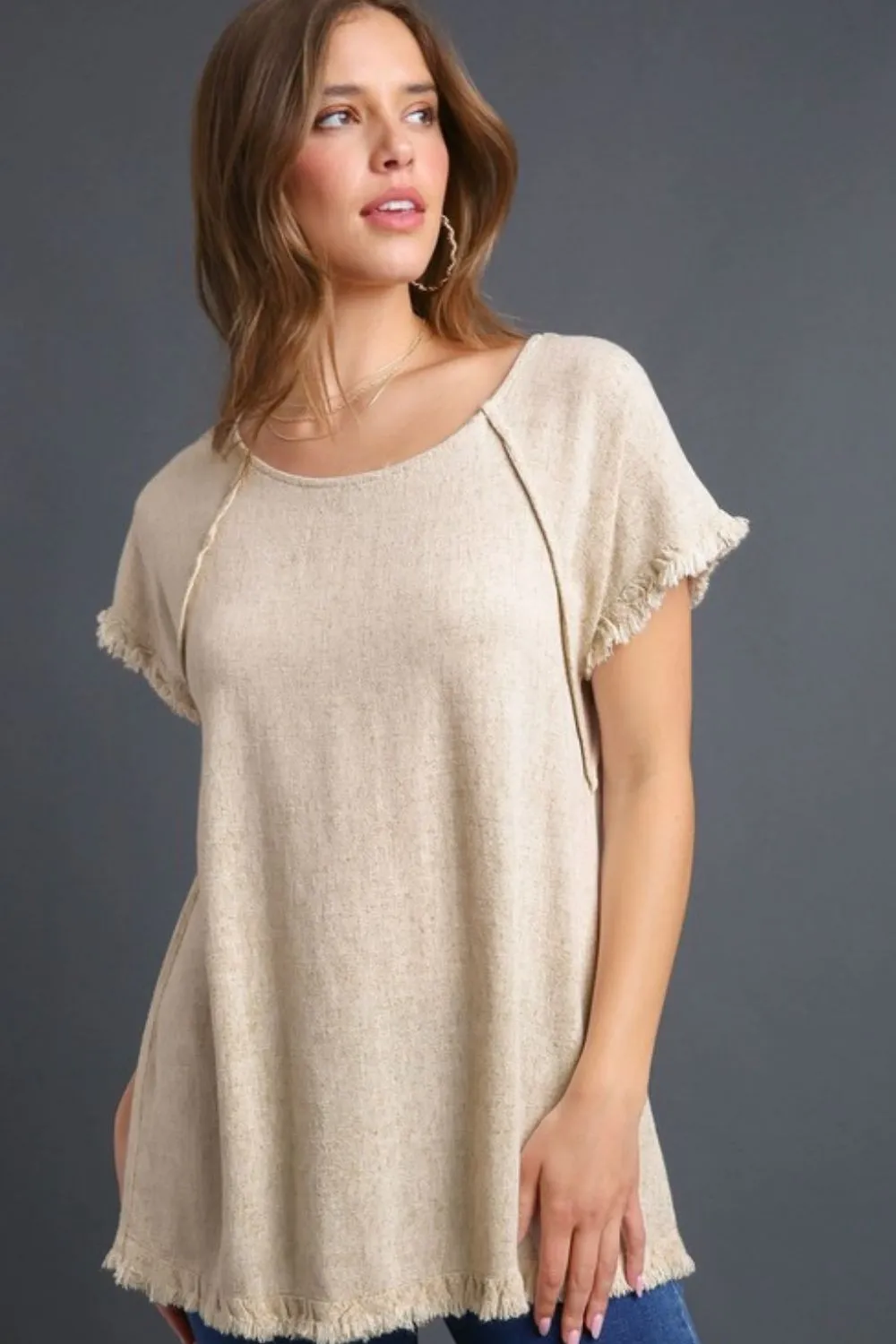 Umgee Full Size Seam Detail Linen Ruffle Fringe Edge Top Plus Size sold by Charming Charlie