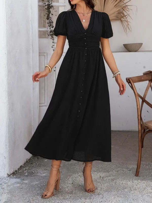 Devine V-Neck Puff Short Sleeve Midi Dress sold by Charming Charlie