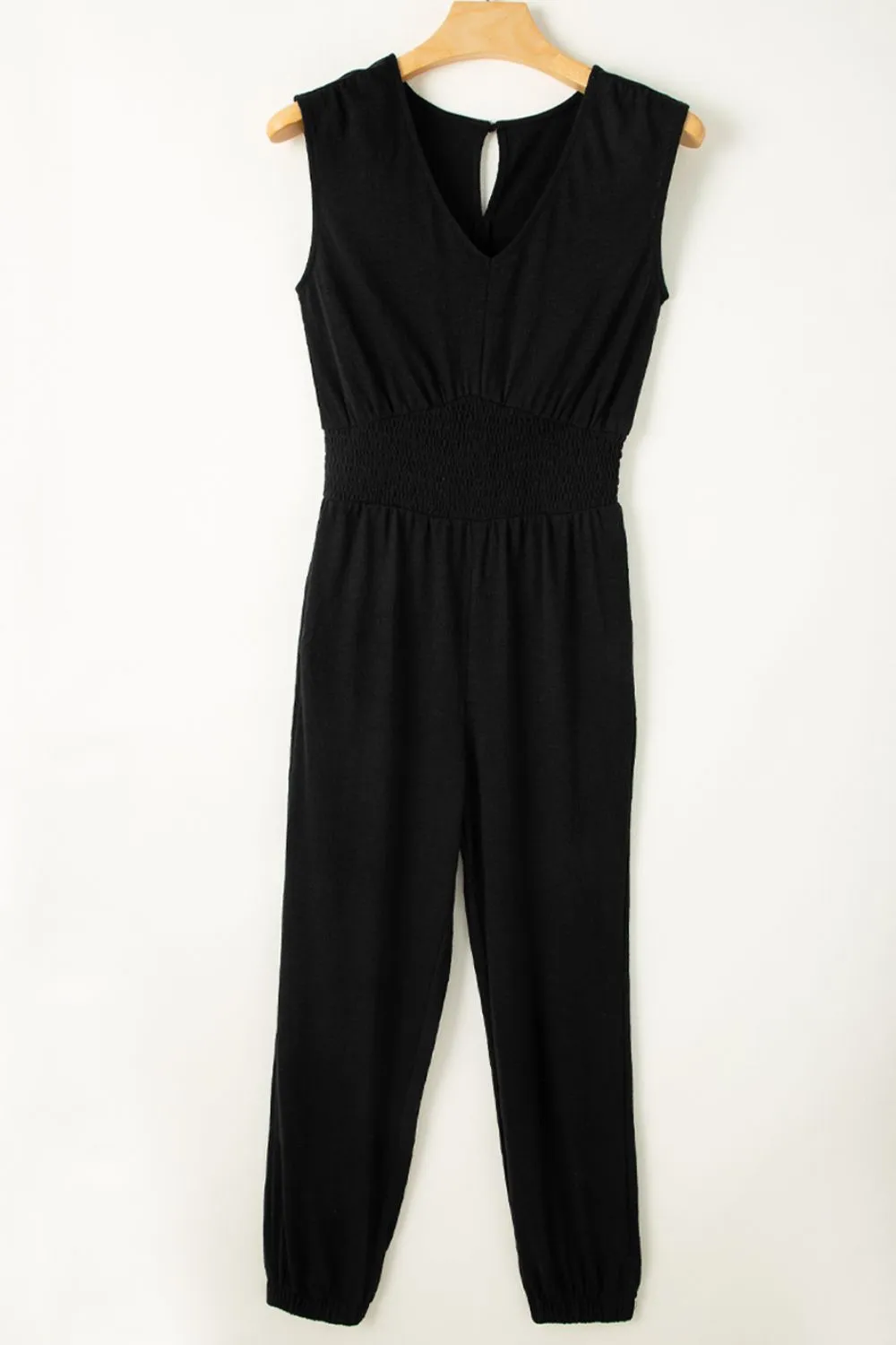 Smocked Sleeveless V Neck Jumpsuit sold by Charming Charlie product image thumbnail 5