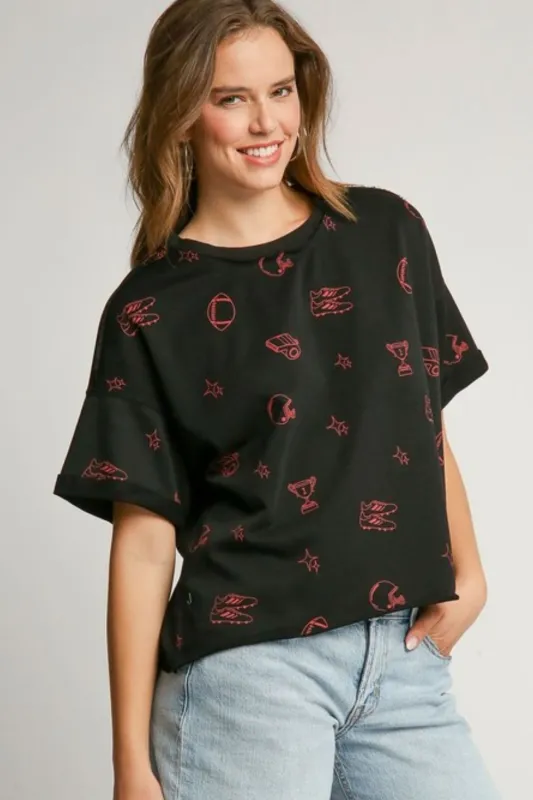 Umgee Full Size Game Day French Terry Graphic Top Plus Size sold by Charming Charlie