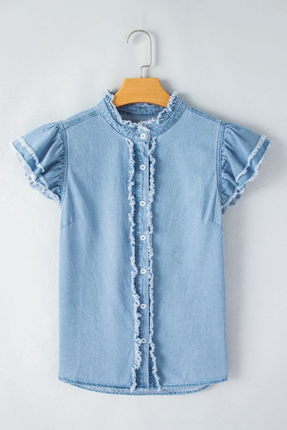 Button Down Raw Hem Ruffled Denim Shirt sold by Charming Charlie product image thumbnail 5