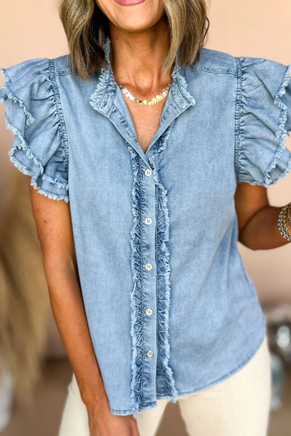 Button Down Raw Hem Ruffled Denim Shirt sold by Charming Charlie product image thumbnail 2
