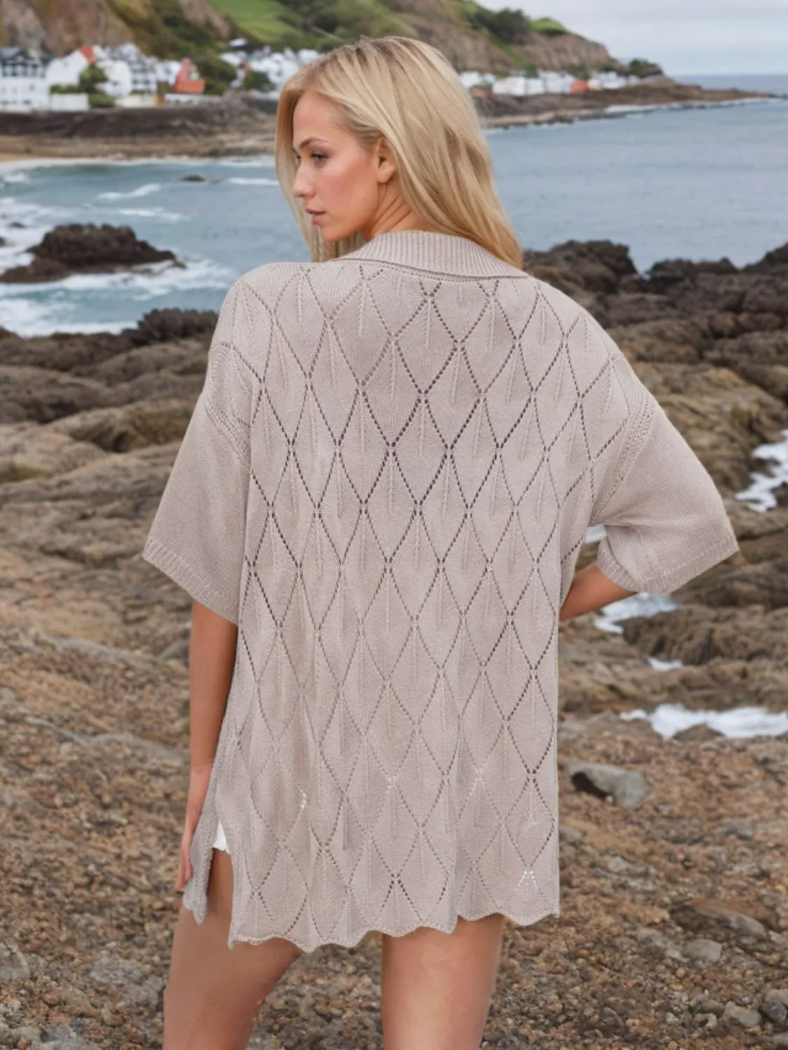 Button Down Eyelet Collared Neck Knit Shirt sold by Charming Charlie product image thumbnail 4