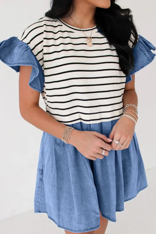 Stripe Ruffle Denim Patchwork Round Neck Mini Dress sold by Charming Charlie