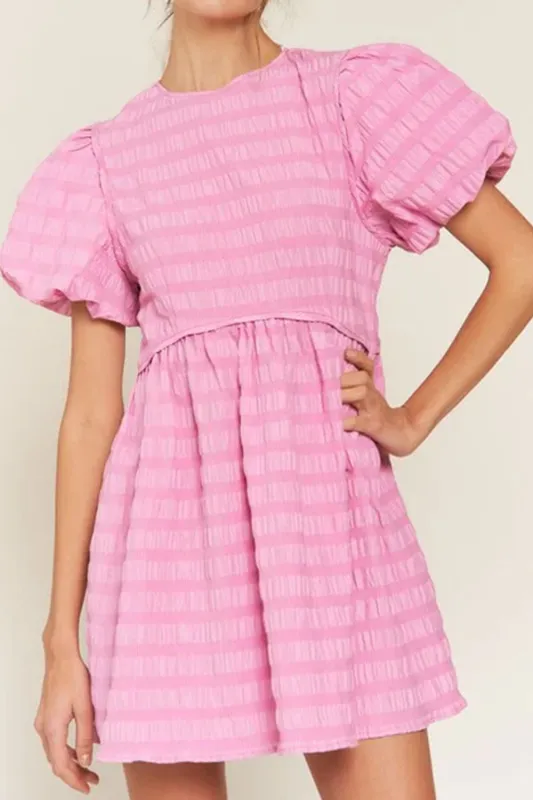 Textured Round Neck Puff Sleeve Mini Dress sold by Charming Charlie