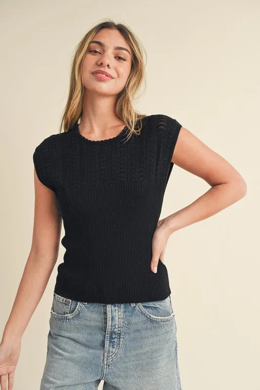 Aemi + Co Openwork Round Neck Cap Sleeve Knit Top sold by Charming Charlie