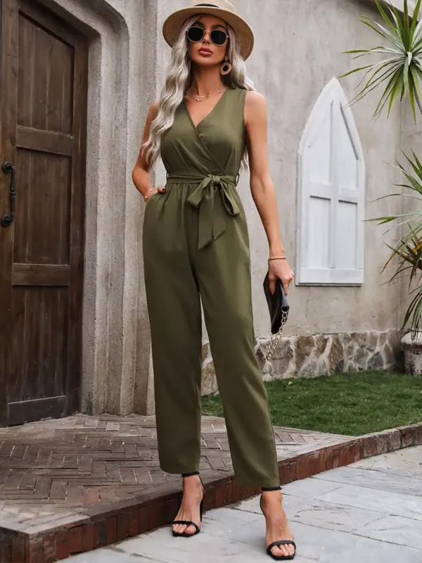 Surplice Tie Waist Sleeveless Jumpsuit sold by Charming Charlie