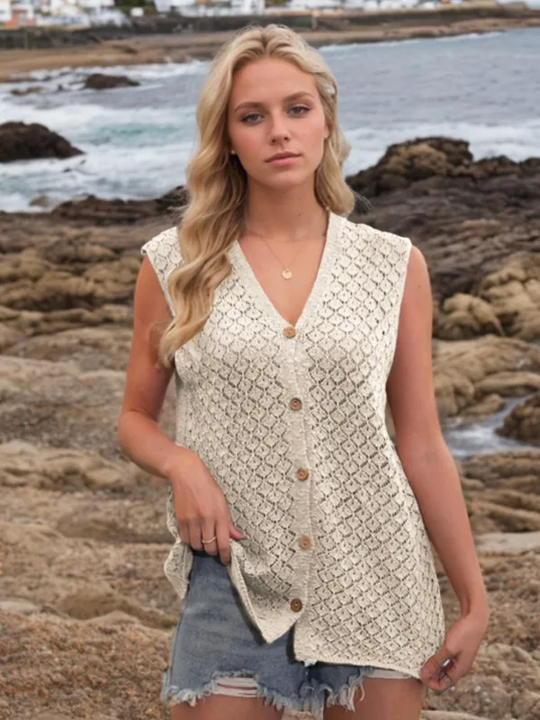 Button Down Eyelet V-Neck Sweater Vest sold by Charming Charlie