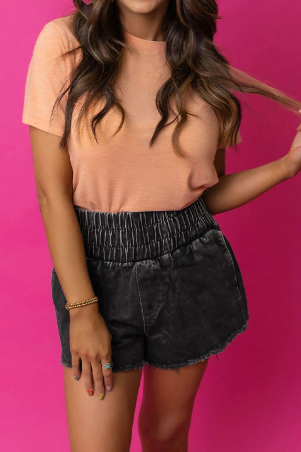 Smocked High Waist Mineral Washed Denim Shorts sold by Charming Charlie product image thumbnail 2