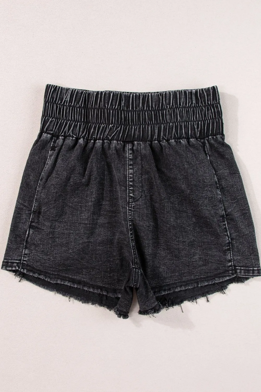Smocked High Waist Mineral Washed Denim Shorts sold by Charming Charlie product image thumbnail 4