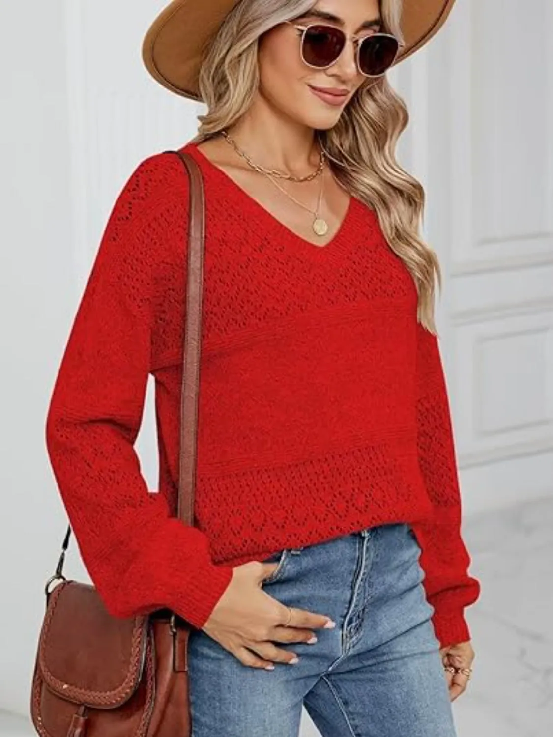 Eyelet V-Neck Long Sleeve Sweater sold by Charming Charlie product image thumbnail 2