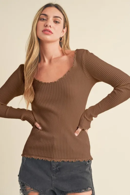 Aemi + Co Lettuce Hem Scoop Neck Long Sleeve Knit Top sold by Charming Charlie