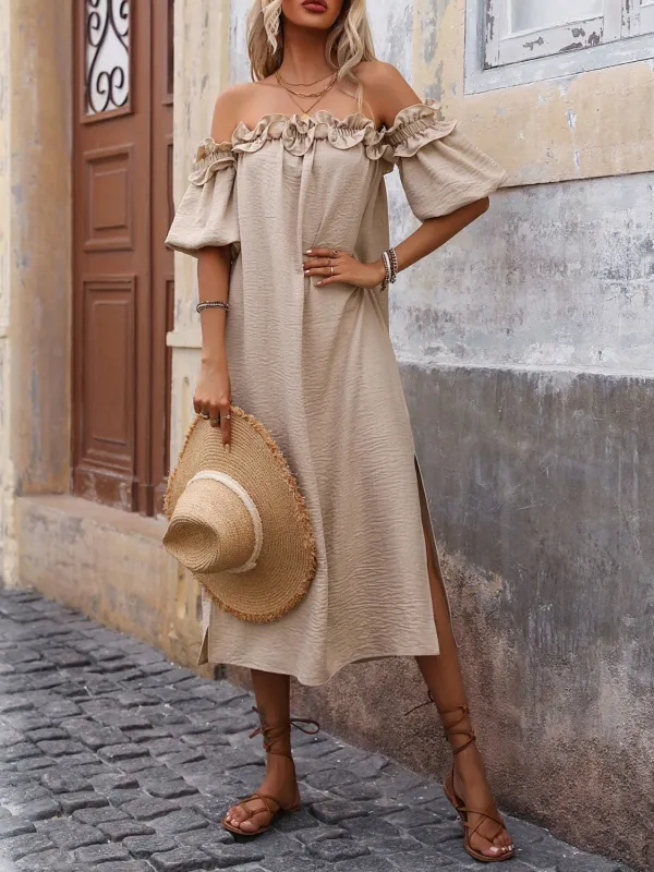 Ruffled Off-Shoulder Puff Sleeve Midi Dress sold by Charming Charlie