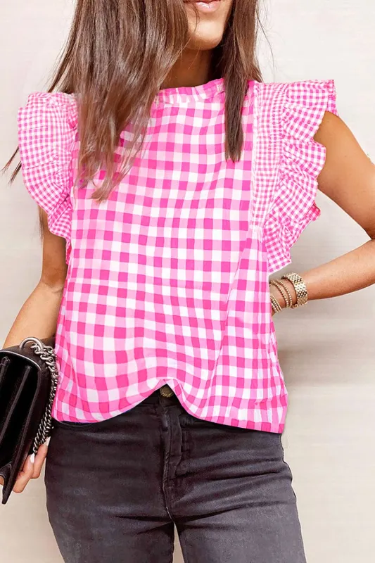 Checkered Ruffled Sleeve Frilled Neck Blouse sold by Charming Charlie