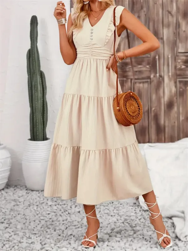Decor Button Ruffled Tiered Midi Dress sold by Charming Charlie