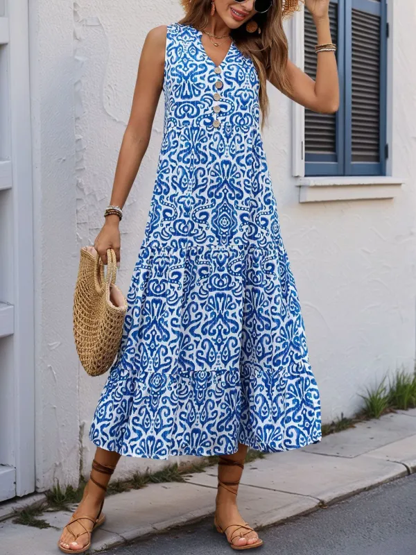 Perfee Decorative Button Printed Notched Sleeveless Midi Dress sold by Charming Charlie