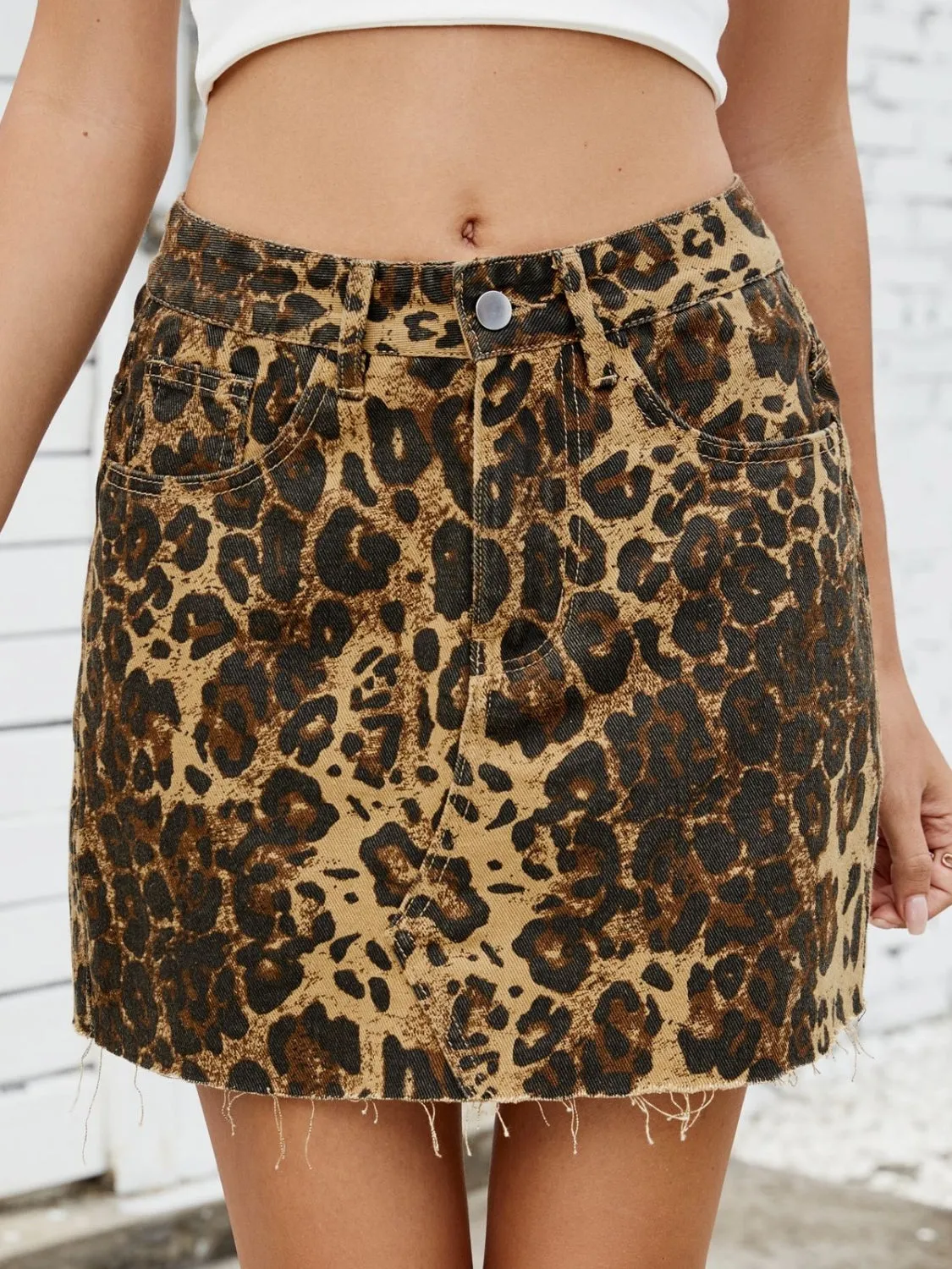 Raw Hem Leopard Denim Skirt sold by Charming Charlie product image thumbnail 4