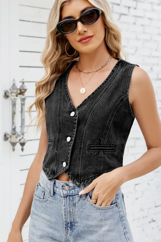 Button Down V-Neck Denim Vest sold by Charming Charlie