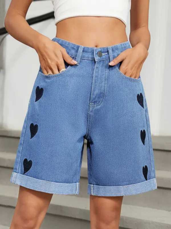 Heart-Pattern Rolled Hem Denim Shorts sold by Charming Charlie