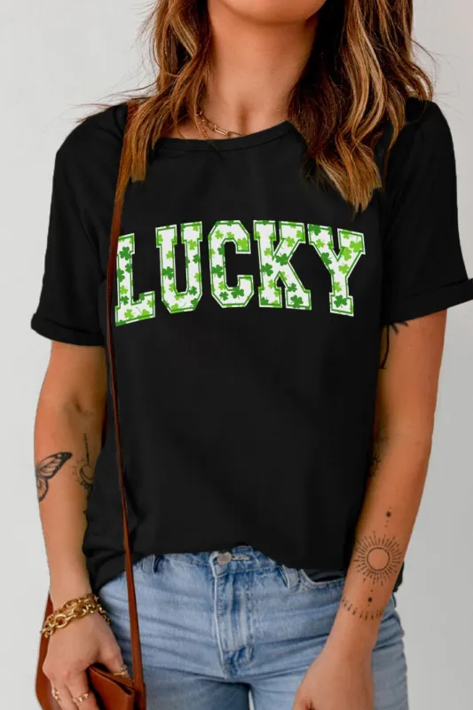 LUCKY Letter Clover Short Sleeve T-Shirt sold by Charming Charlie