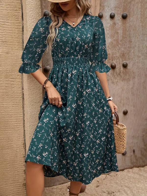 Smocked Waist Floral Flounce Sleeve Midi Dress sold by Charming Charlie