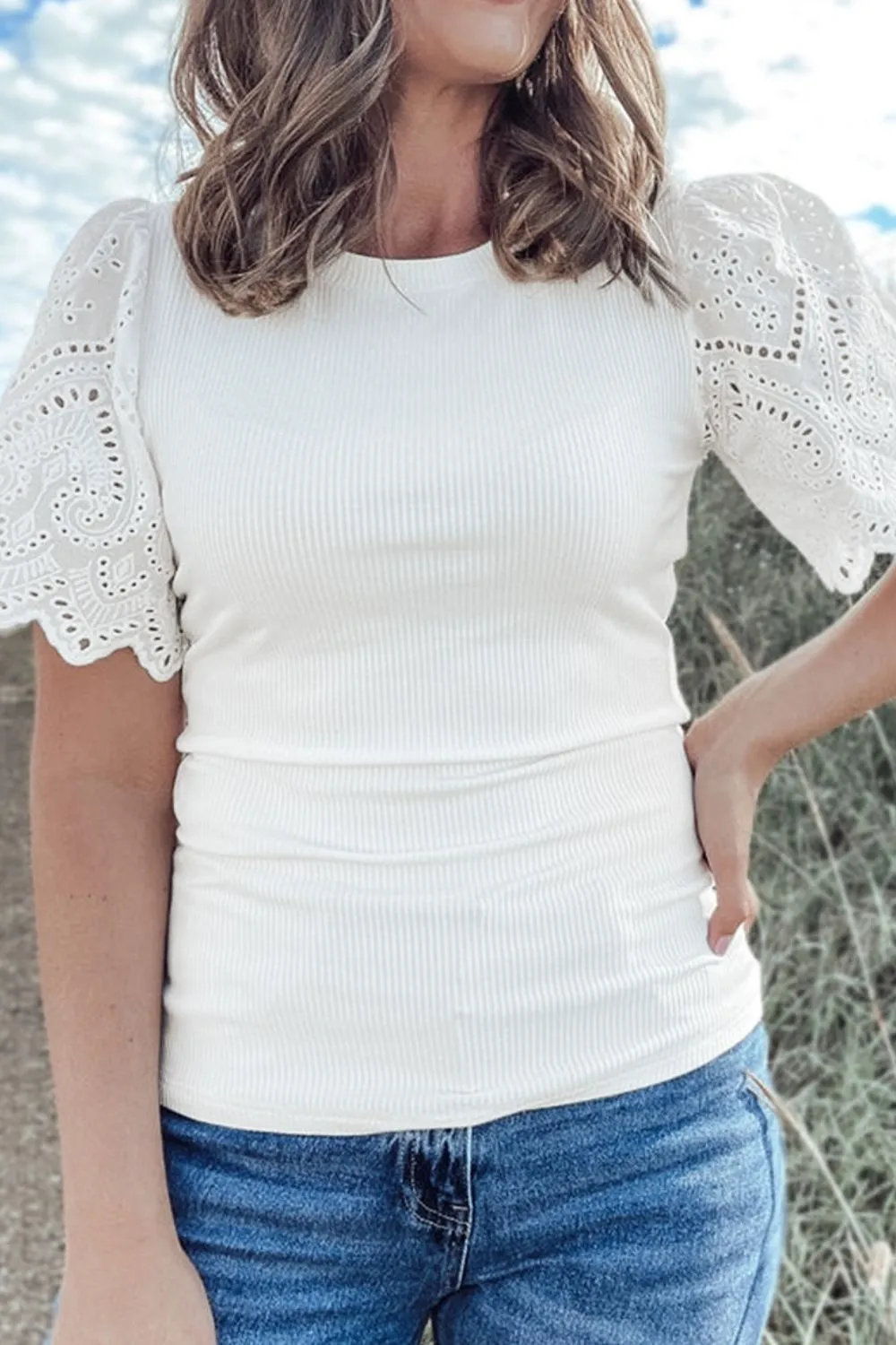 Eyelet Short Sleeve Patchwork Ribbed Top sold by Charming Charlie product image thumbnail 3