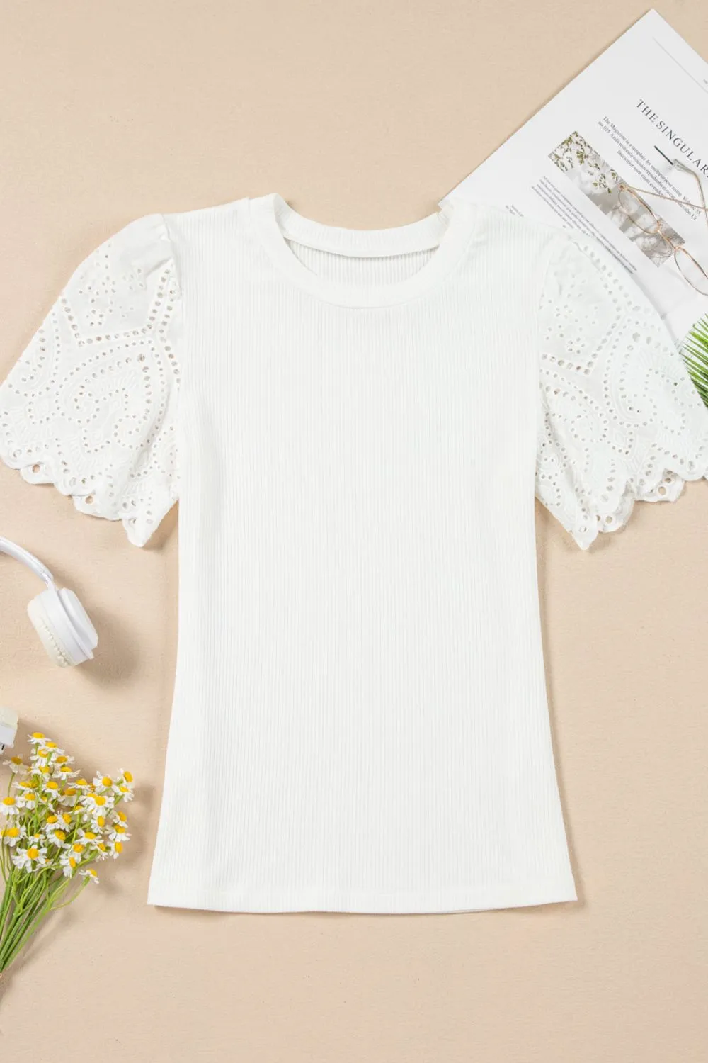 Eyelet Short Sleeve Patchwork Ribbed Top sold by Charming Charlie product image thumbnail 4