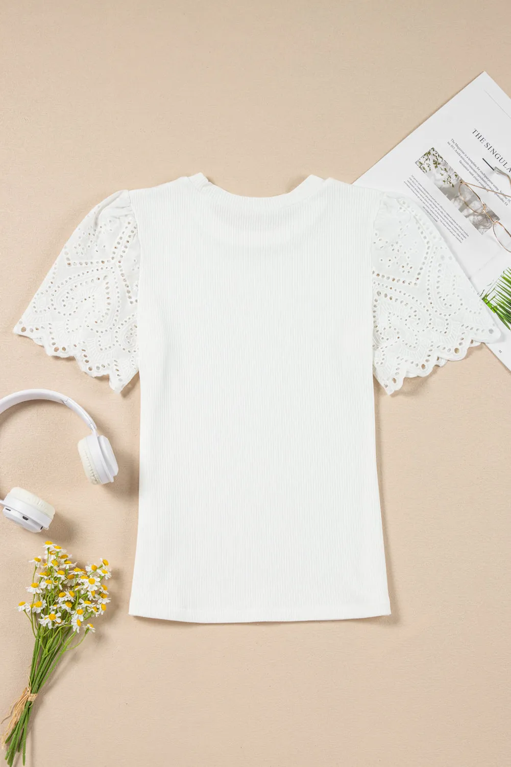 Eyelet Short Sleeve Patchwork Ribbed Top sold by Charming Charlie product image thumbnail 5