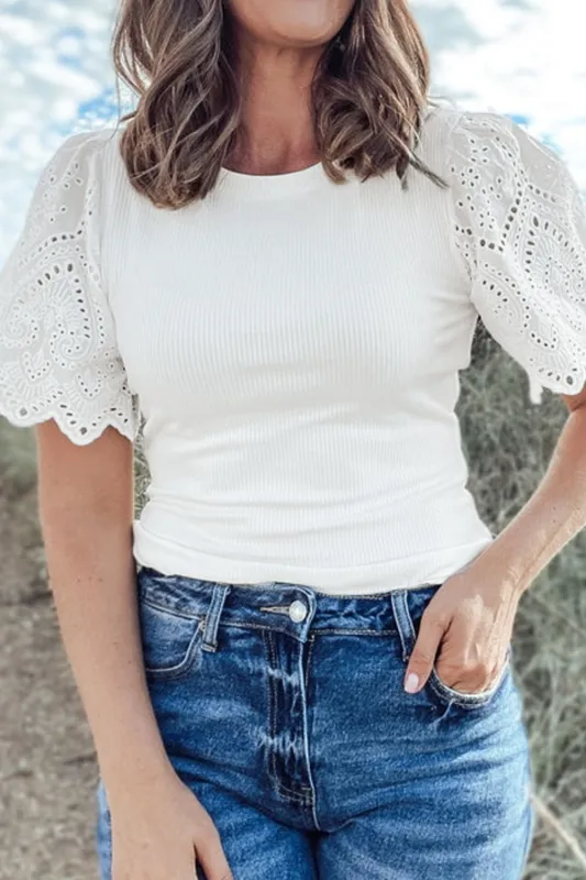 Eyelet Short Sleeve Patchwork Ribbed Top sold by Charming Charlie