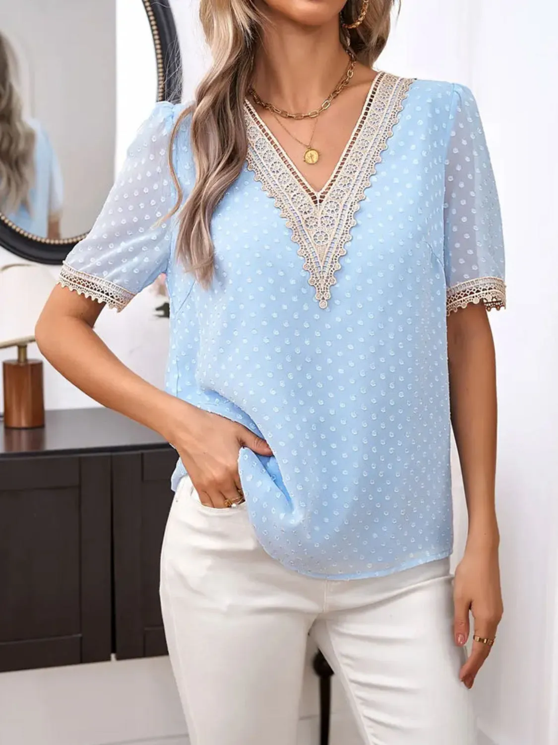 Lace Detail V-Neck Short Sleeve Blouse sold by Charming Charlie product image thumbnail 3