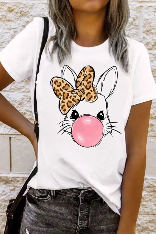 Leopard Bow Rabbit Graphic Round Neck Short Sleeve T-Shirt sold by Charming Charlie