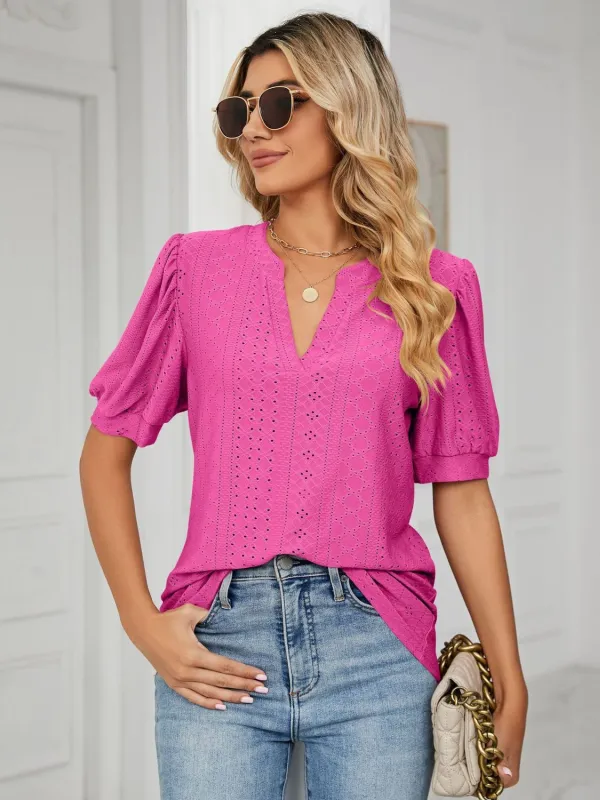 Florira Eyelet Notched Short Sleeve T-Shirt sold by Charming Charlie