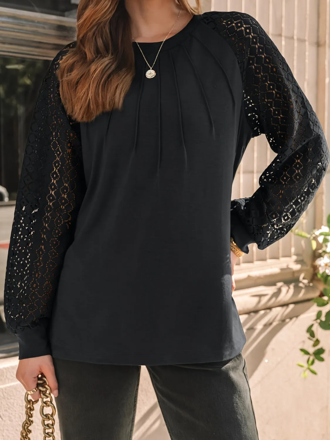 Eyelet Round Neck Long Sleeve Blouse sold by Charming Charlie product image thumbnail 2