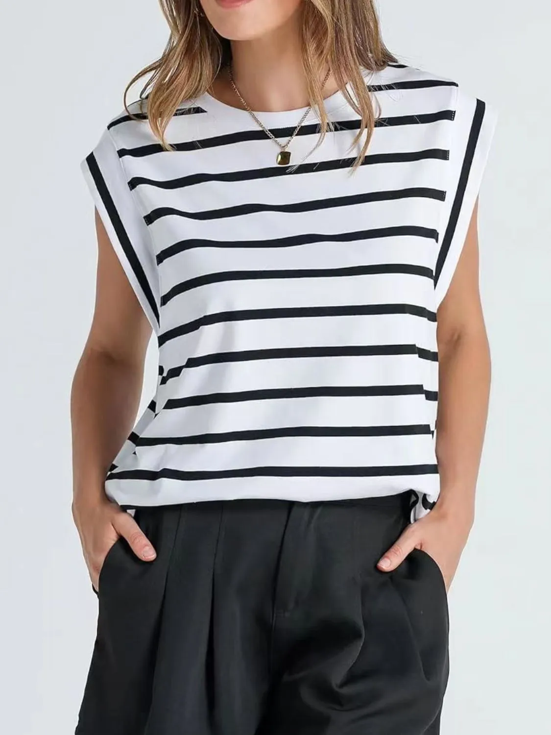 Florira Striped Round Neck Cap Sleeve T-Shirt sold by Charming Charlie product image thumbnail 2
