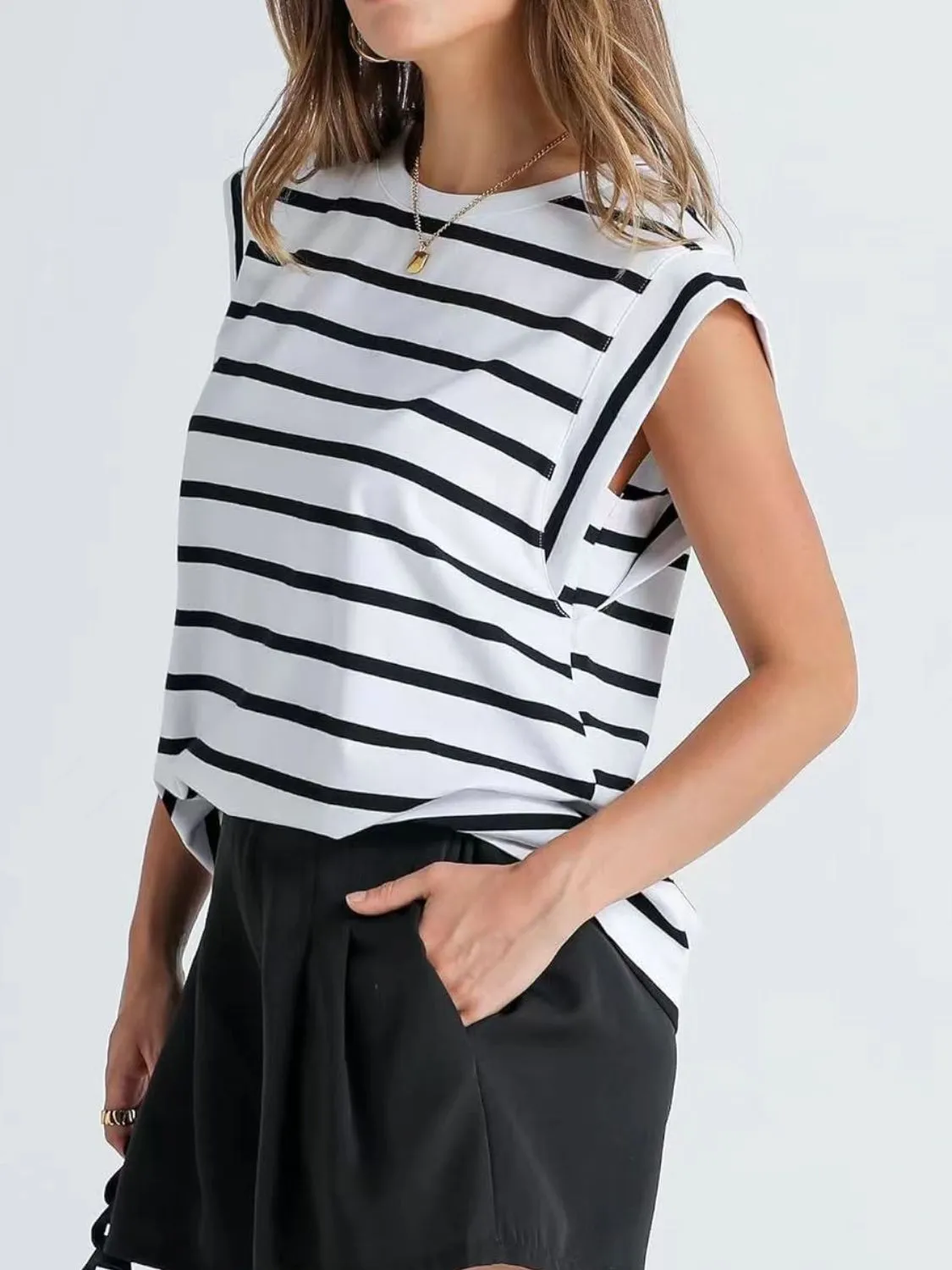 Florira Striped Round Neck Cap Sleeve T-Shirt sold by Charming Charlie