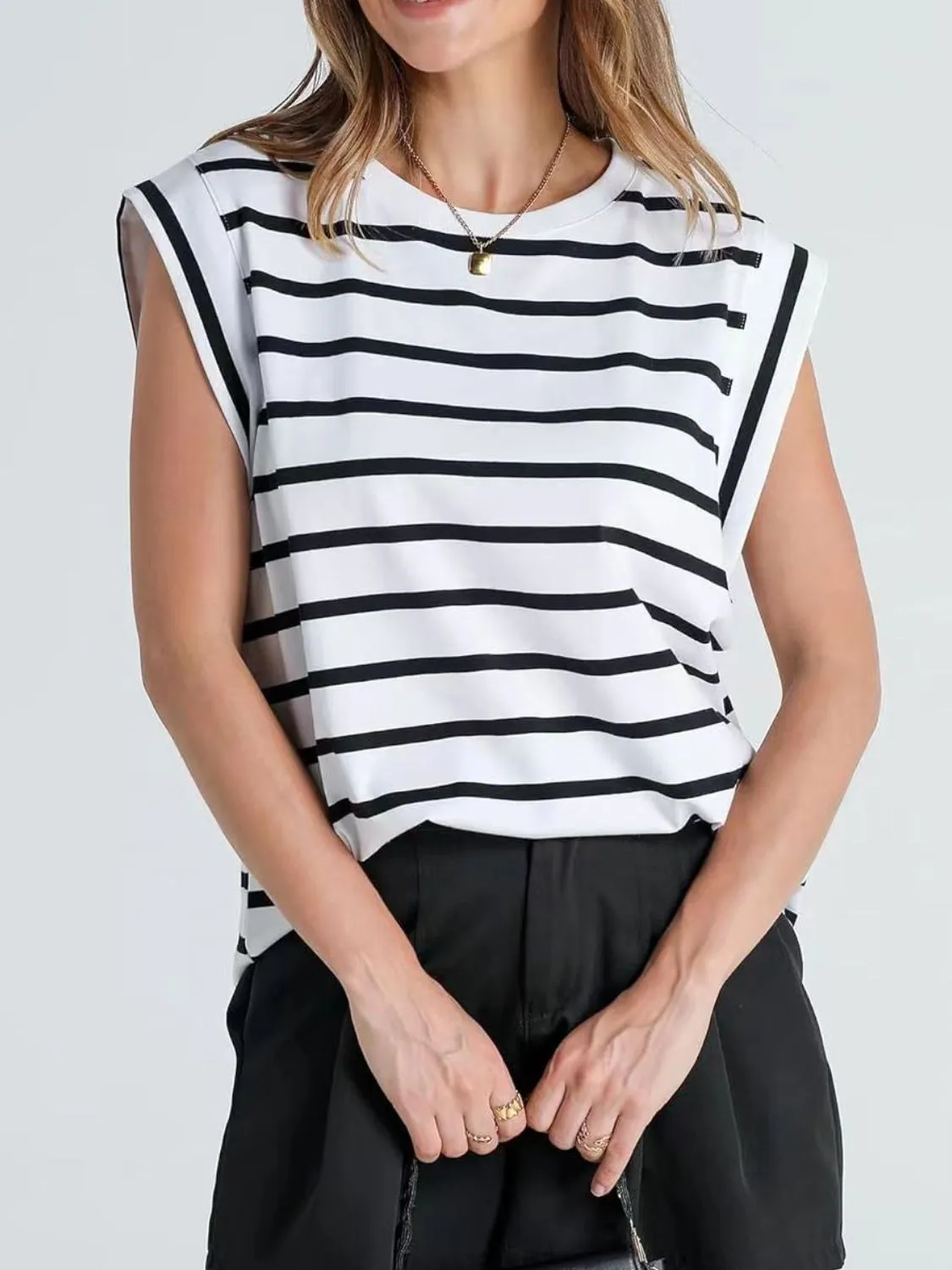 Florira Striped Round Neck Cap Sleeve T-Shirt sold by Charming Charlie product image thumbnail 3