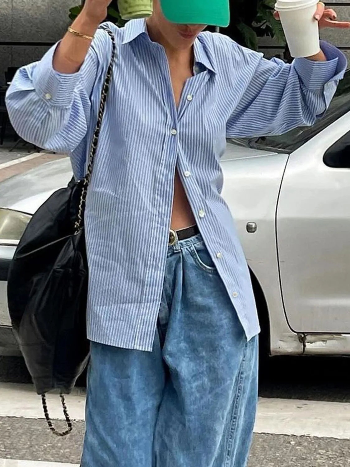 Devine Button Down Striped Collared Neck Long Sleeve Shirt sold by Charming Charlie product image thumbnail 4