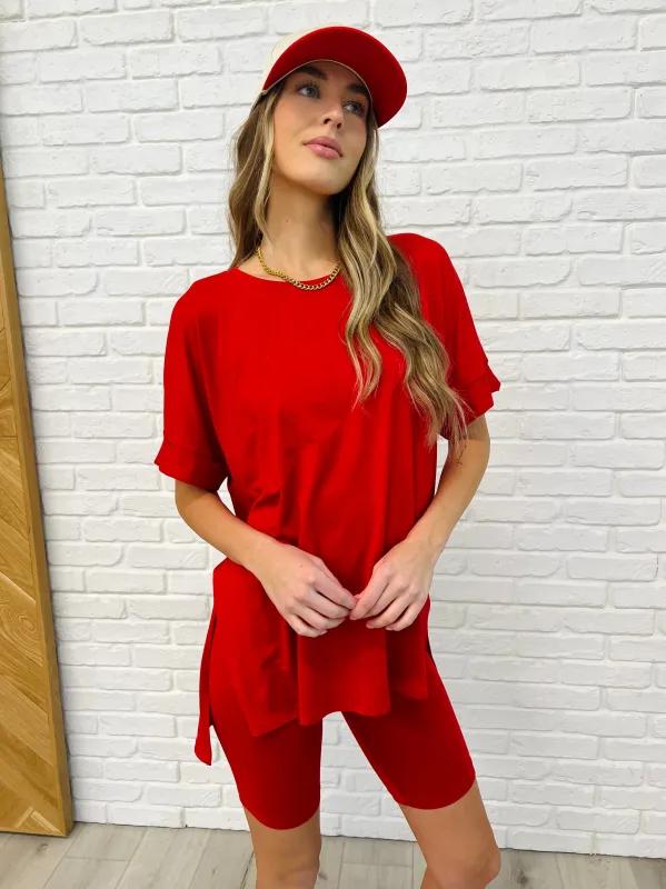 Comfy Cruising Top and Biker Shorts Set in Ruby sold by Charming Charlie