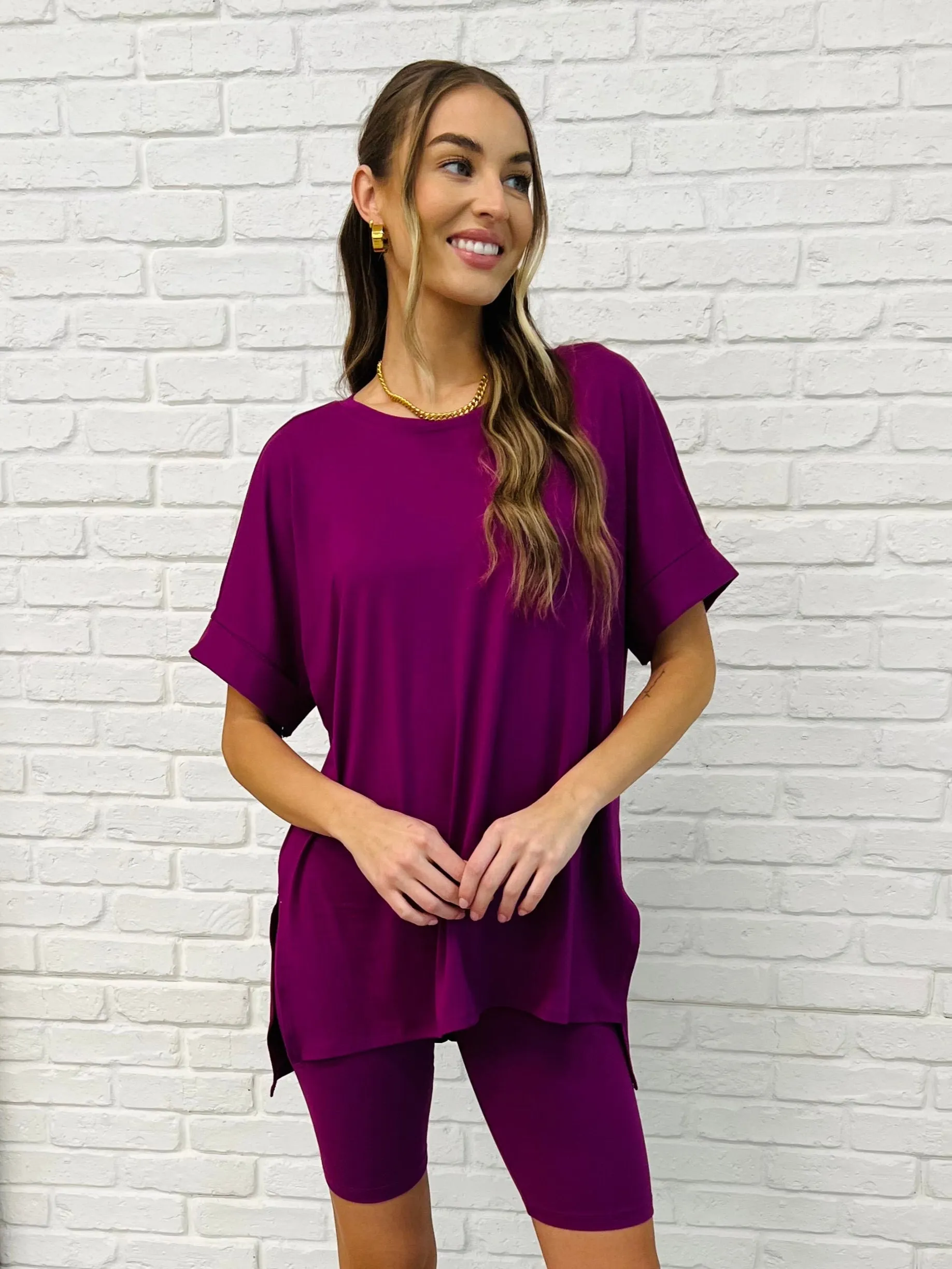 Comfy Cruising Top and Biker Shorts Set in Lt Plum sold by Charming Charlie