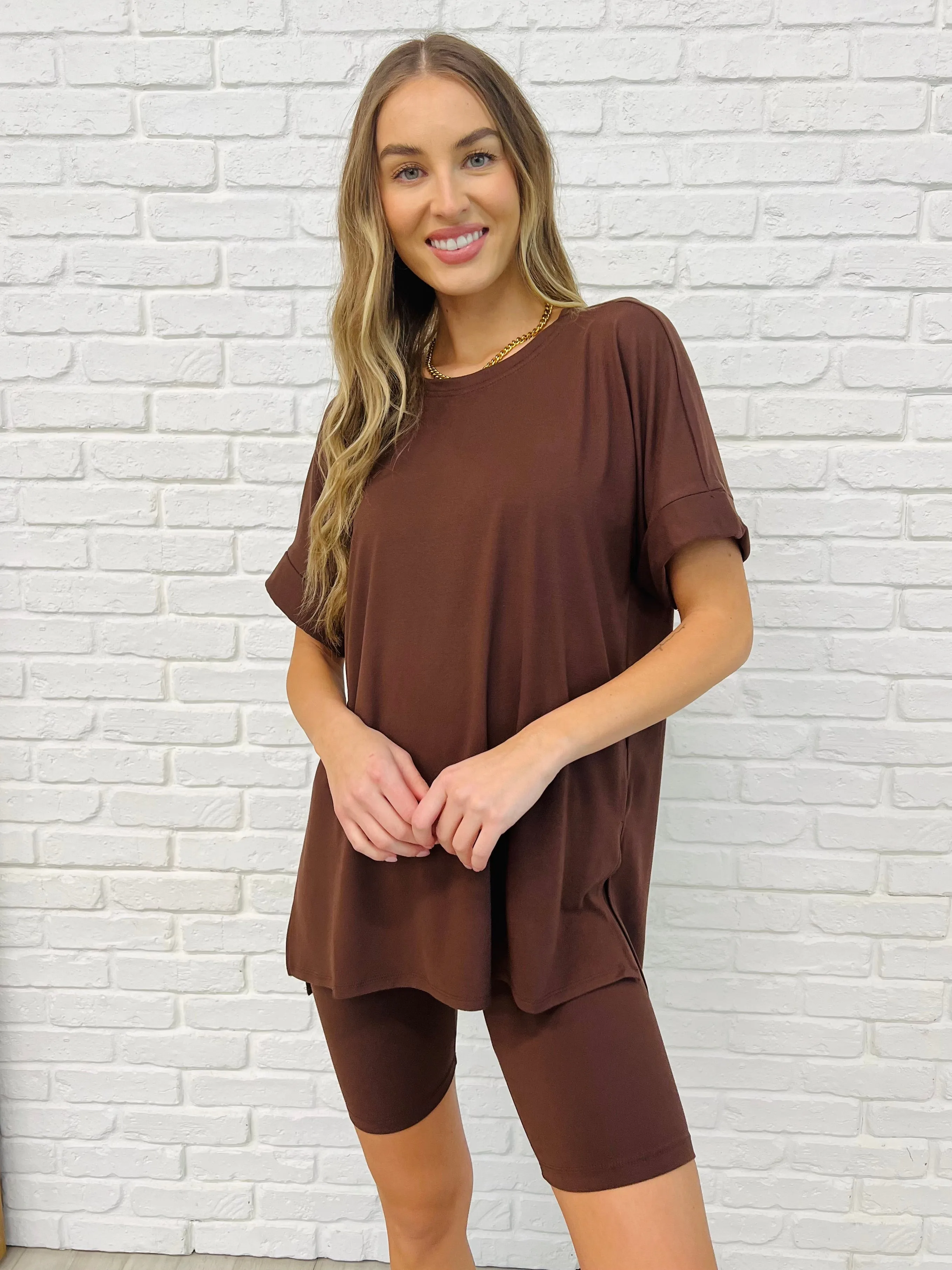 Comfy Cruising Top and Biker Shorts Set in Mahogany sold by Charming Charlie