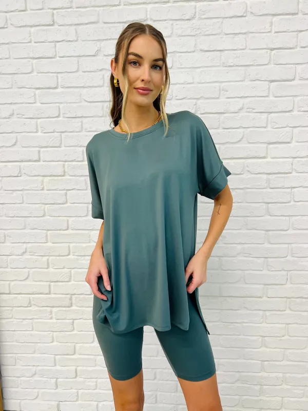 Comfy Cruising Top and Biker Shorts Set in Ash Jade sold by Charming Charlie
