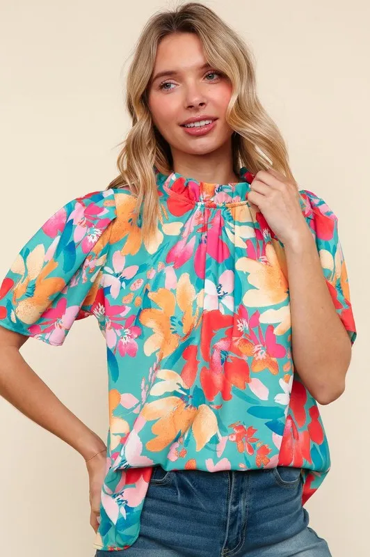 Perfectly You Mint Big Floral Frill Neck Back Button Blouse sold by Charming Charlie