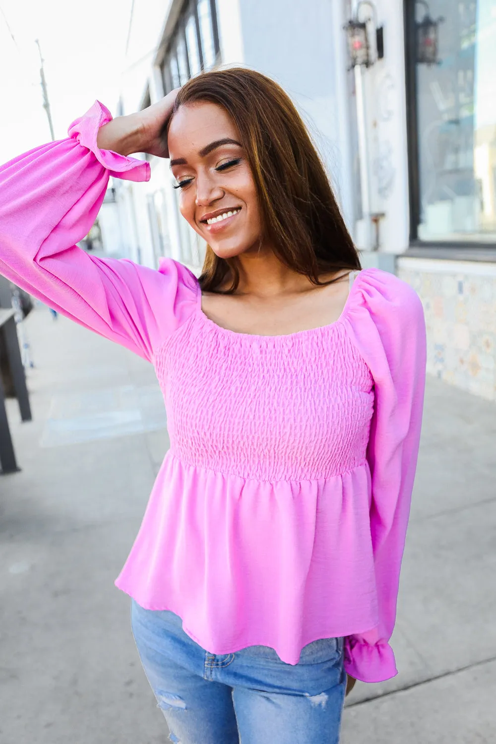 Simply Elegant Magenta Smocked Yoke Ruffle Bubble Sleeve Peasant Top sold by Charming Charlie product image thumbnail 3