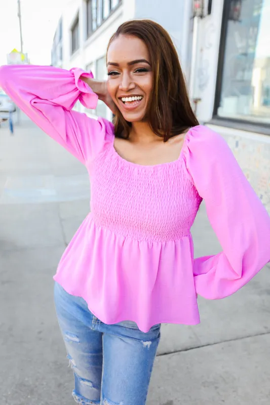 Simply Elegant Magenta Smocked Yoke Ruffle Bubble Sleeve Peasant Top sold by Charming Charlie