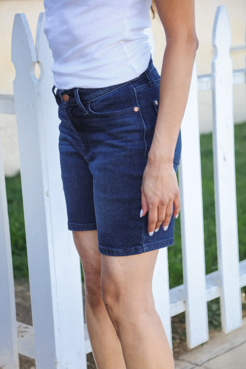 Judy Blue Dark Wash High Rise V-Front Shorts sold by Charming Charlie product image thumbnail 5
