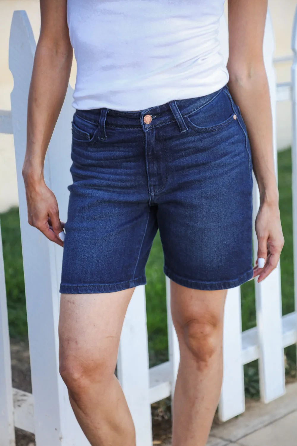 Judy Blue Dark Wash High Rise V-Front Shorts sold by Charming Charlie