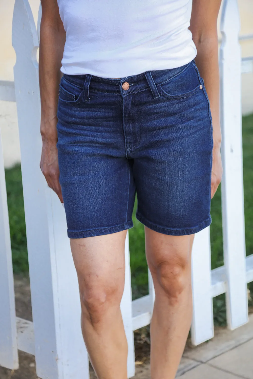 Judy Blue Dark Wash High Rise V-Front Shorts sold by Charming Charlie product image thumbnail 3