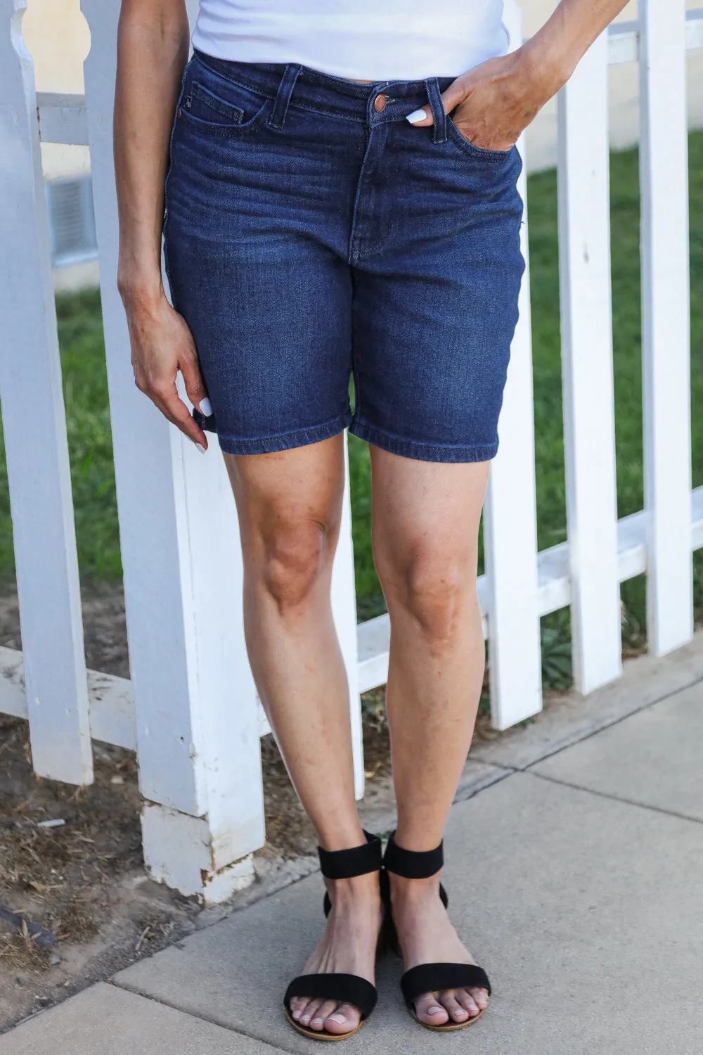Judy Blue Dark Wash High Rise V-Front Shorts sold by Charming Charlie product image thumbnail 2